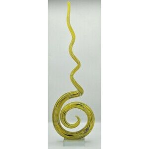 Murano Style Art 21" Glass Spiral Sculpture in Yellow Swirl Pattern With Base
